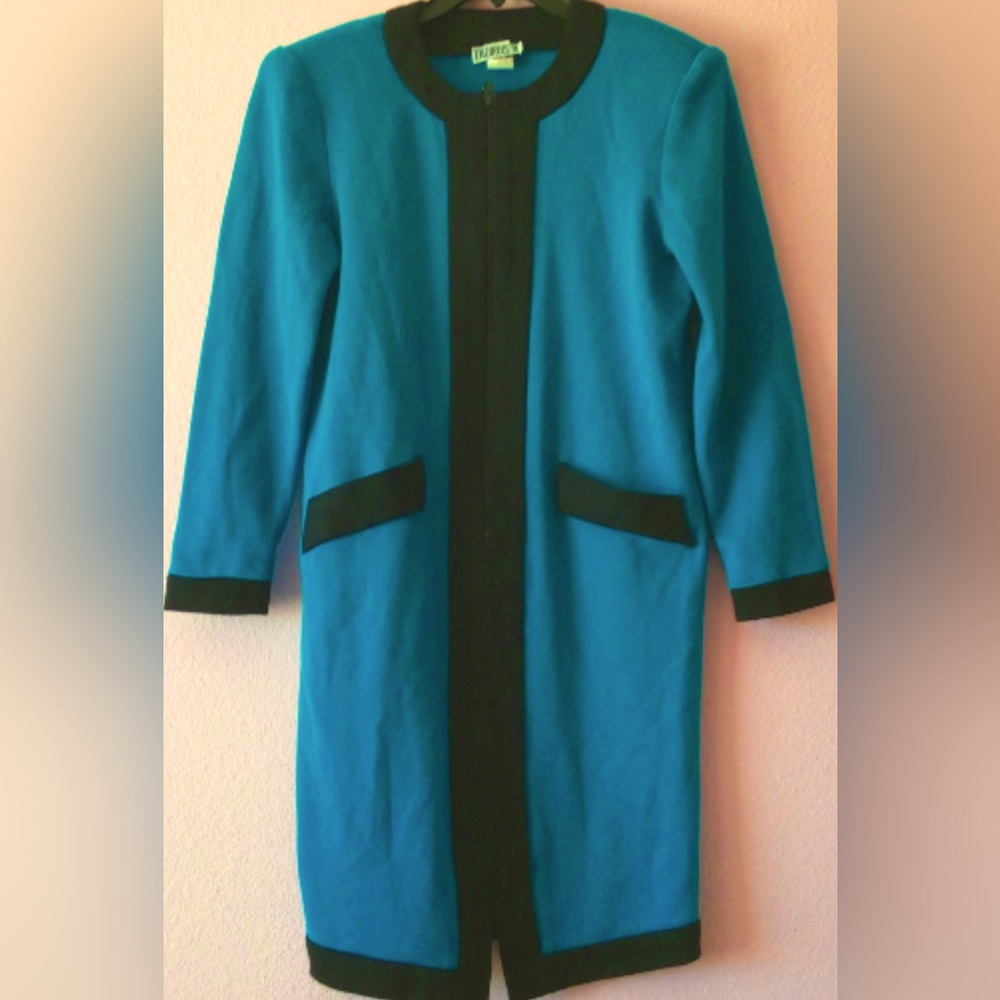 Vintage 80s TAURUS II teal black knee length half zippered dress w/ pockets sz 6